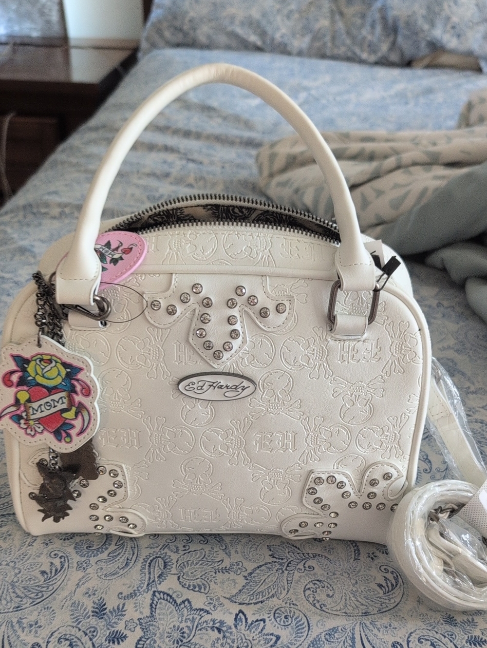 Ed Hardy White Embossed Studded Satchel with Charm Accents